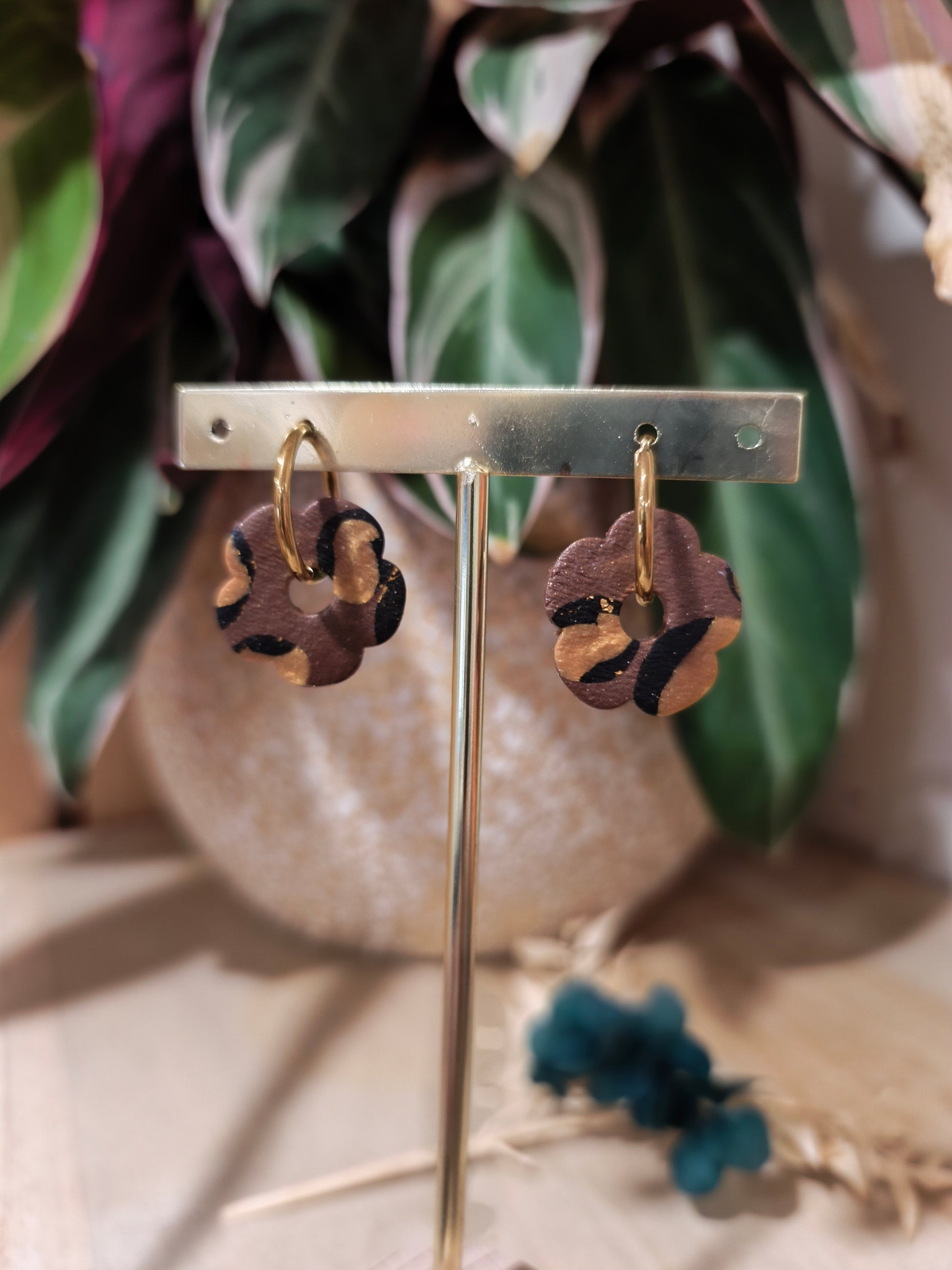 boucles d'oreilles pâte polymère, créole interchangeable fleur léopard