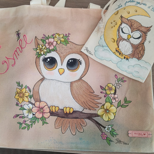 peinture, customisation tote bag et pochette motif hibou